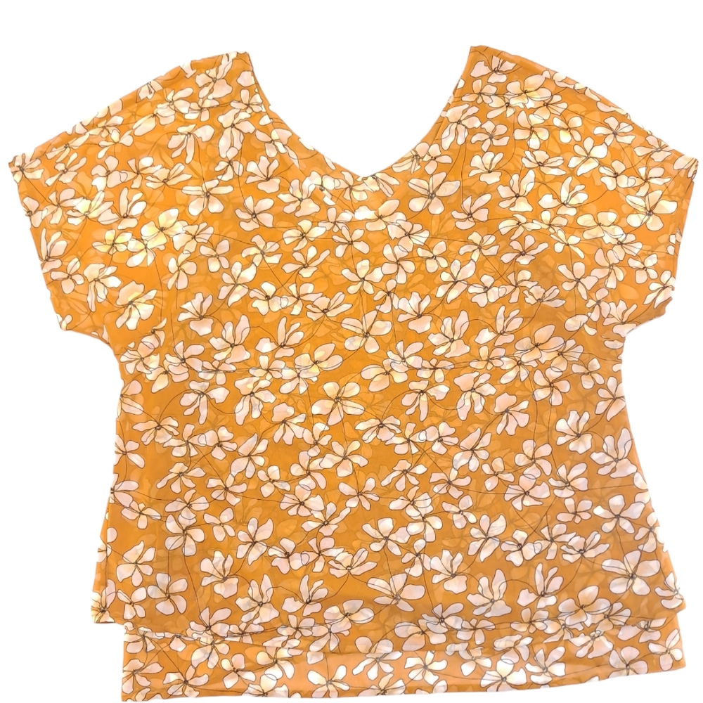 CAbi Thrive Floral Double Layer Chiffon Top Butterscotch Yellow V-Neck Flowy XL - Picture 2 of 8